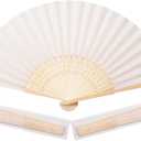Sepwedd 50pcs Cream-Coloured Imitated Silk Fabric Bamboo Folded Hand Fan Bridal Dancing Props Church Wedding Party Favors with Organza Bags