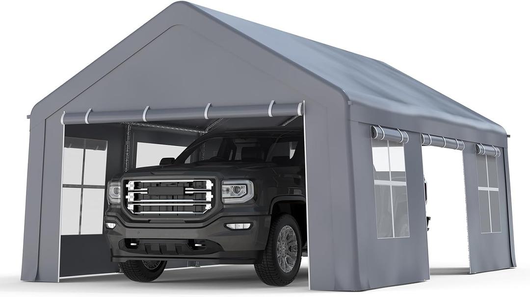 13x20FT Heavy Duty Portable Garage, Waterproof Carport with 5 Roll-Up Ventilated Windows & Removable Sidewalls, Garage Tent Shelter with 220G PE Tarp Cover for Temporary Paint Booth, Boats&Pickups
