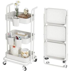DTK 3 Tier Foldable Rolling Cart, Metal Utility Cart with Lockable Wheels, Folding Storage Trolley, 3 Small Baskets and 6 Hooks for Living Room, Kitchen, Bathroom, Bedroom and Office, White