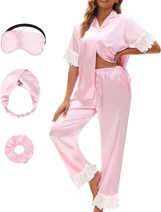 MEEYI Silk Pajamas for Women Short Sleeve Long Pants Satin Pajama Sleepwear with Pockets Size S