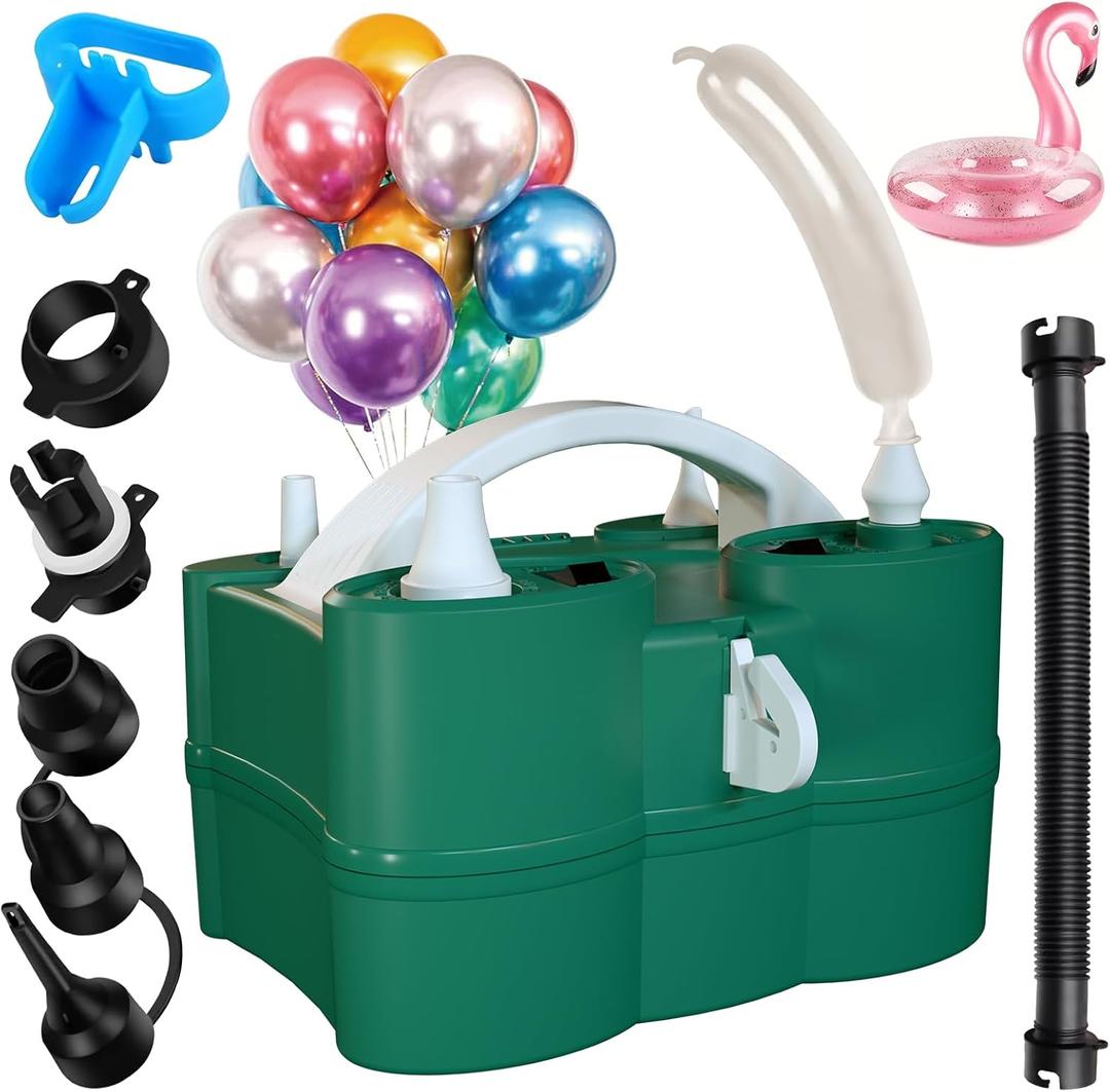 SINBEE Balloon Pump, Balloon Pump Electric, Portable Dual Nozzle Electric Blower Air Pump Inflator for Party Decoration. Faster and Save Time (Green)