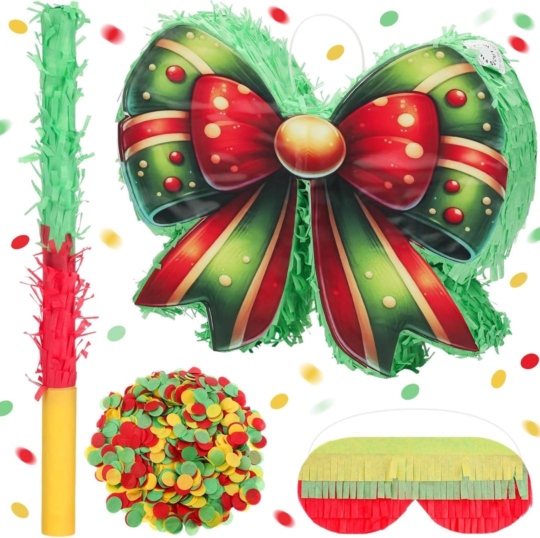 Christmas Bow Piata 15 Inch Xmas Bow Piata with Bat Blindfold and Confetti for Adult Birthday Christmas Holiday Party Decorations Festive Xmas Party Game Supplies