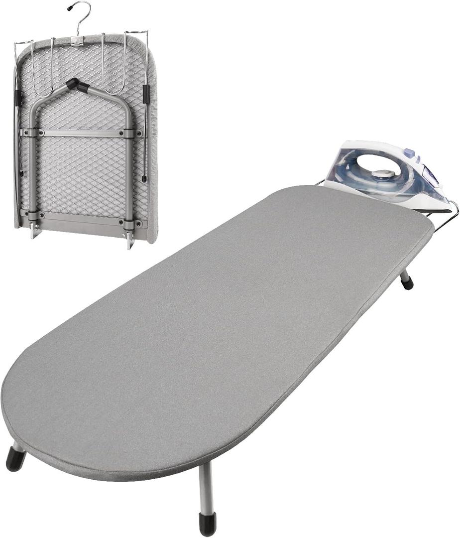Small Ironing Board with Iron Rest, Tabletop Ironing Board, Metal Mesh Panel with Cotton Cover, Foldable Mini Iron Board for Small Space, 32 x 12IN (Gray)