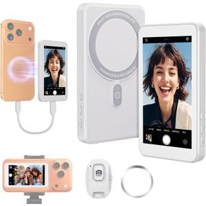 Vlog Selfie Monitor Screen for iPhone 17 Series & Android,Built-in Speaker,Wireless & Wired Magnetic 4K/1080P Phone Back Camera Monitor with Remote Control for Live Stream TikTok (White)