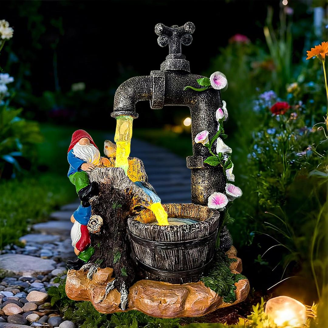 Solar Garden Gnomes Statues Outdoor Yard Decorations, 10" Resin Fountain Gnome Outside Christmas Art Decor for Lawn Patio Porch Backyard,Unique Housewarming Gifts for Women Mom Grandma