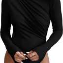 SweatyRocks Women's Bodysuit Mock Neck Casual Ruched Long Sleeve Jumpsuit (Large, Black)