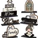 6 Pcs Farmhouse Table Decorations Home Sweet Home Tabletop Centerpiece Wooden Black and White Plaid Table Topper Signs for Kitchen Shelf Desk Decor Housewarming Gifts Holiday Party Supplies