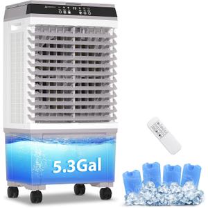 LifePlus Evaporative Air Cooler 1800 CFM Swamp Cooler Portable Cooling Fan with 5.3 Gallon Water Tank Remote Control, 3 Speed 3 Modes, 4 Ice Packs More Cooler, for Room Garage Patio