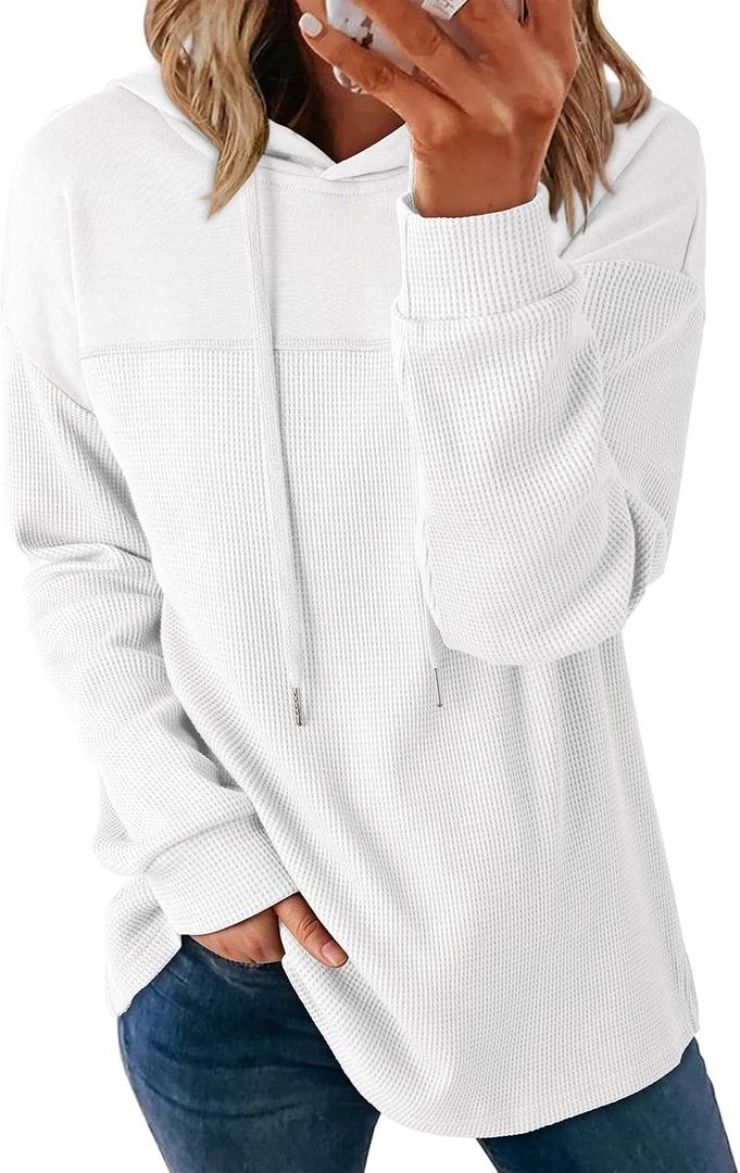 Dokotoo Womens Hoodies Casual Waffle Knit Long Sleeve Drawstring Pullover Sweatshirts Lightweight Hooded Tops (White), 2XL