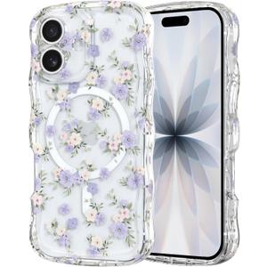 RALEAVO for iPhone 17 Case Cute Floral Pattern Design [Compatible with Magsafe] Clear Curly Wave Frame Cover for Women,Acrylic Shockproof Anti-Slip Case for iPhone 17,Purple Flowers