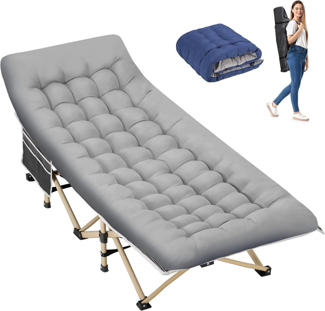 Folding Camping Cot for Sleeping, Portable Cots for Adults, Heavy Duty Cot Bed 550LBS(Max Load), Extra Wider Cots with Large Pocket for Outdoor, Office, Beach (Stripe Grey(with Mattress))