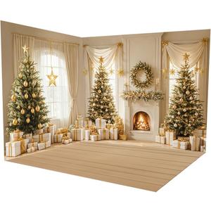 Kate Christmas Trees Backdrop Fireplace Window Curtain Gift Boxes with Wooden Floor Xmas Room Set 3 Pieces Backdrops 8x8ft&10x8ft&10x8ft
