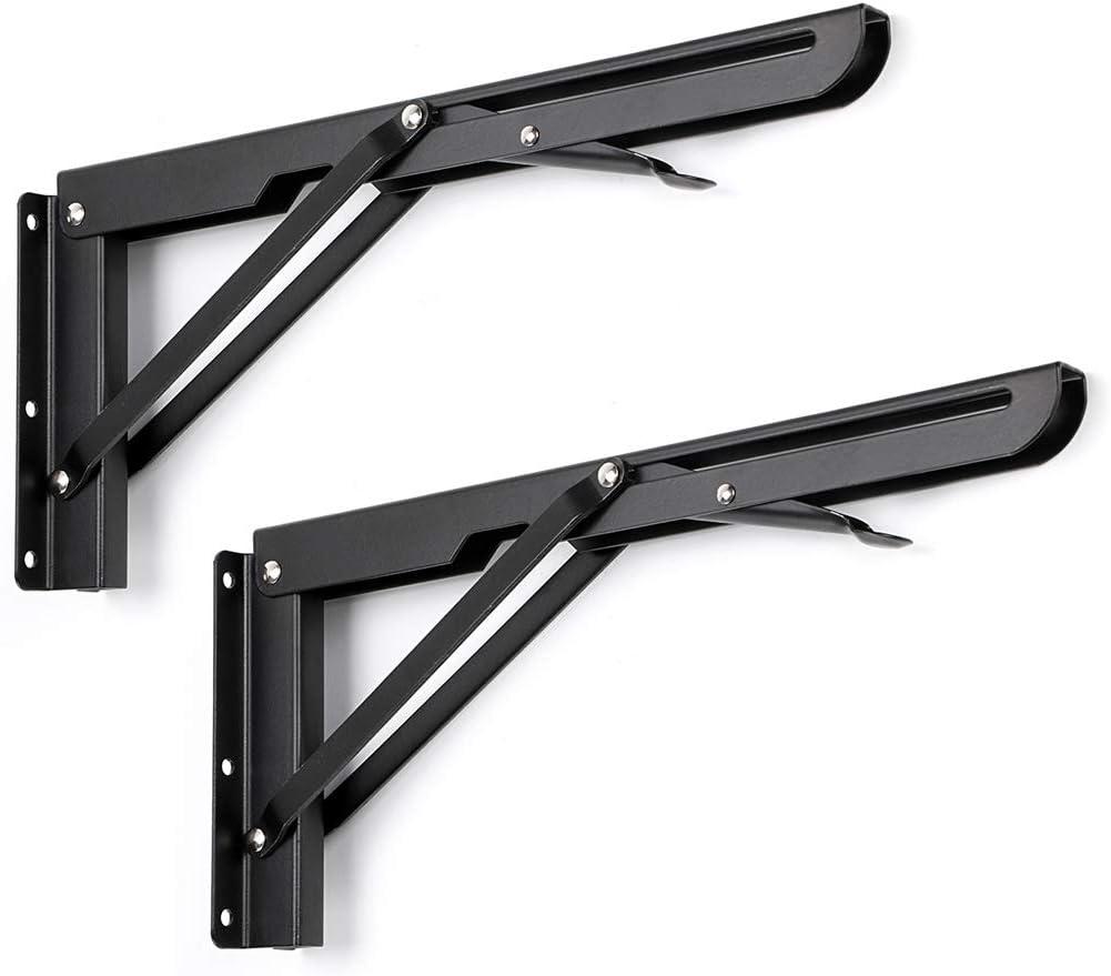 Sumnacon Sturdy Folding Shelf Brackets - Heavy Duty Metal Triangle Table Bench Folding Shelf Brackets, 2 Pcs Folding Shelf Hinge Wall Mounted (12 Inch, Black)