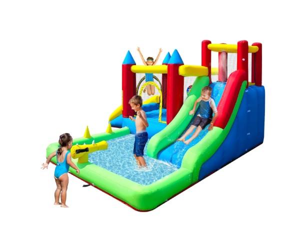 9-in-1 Inflatable Water Slide for Kids Age 3-6, Outdoor Blow Up Bounce House Water Park with Dual Slides, Climbing Wall, Splash Pool, Water Cannons, Jumping Area, Backyard Water Slide with Blower
