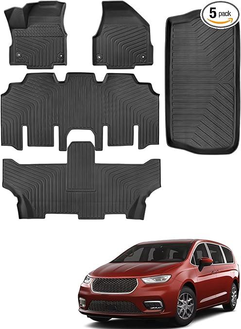 for Chrysler Pacifica 2017-2024 2025 7/8 Passenger (No Hybrid) Floor Mats Cargo Liner Trunk Carpet All Weather TPE Mat for Voyager 2020-2025, for Pacifica/Voyager 2018 2019 2021 2022 2023 Accessories