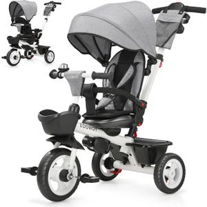 EOOWOY Toddler Tricycle with Push Handle, 7 in 1 Stroller Trike with 360 Swivel Seat, Reclining Backrest, All-Terrain Wheels, Dual Brakes, Canopy & Storage, Gift for Kids 18 Months to 5 Years, Gray, Medium