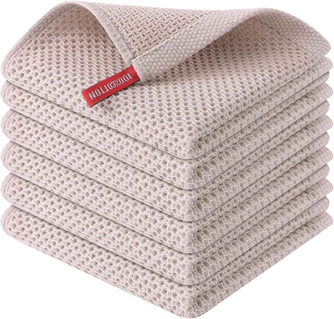 Cotton Kitchen Dish Cloths, 6 Pack Super Absorbent Waffle Weave Dish Towels, 12 x 12 Inch, Khaki