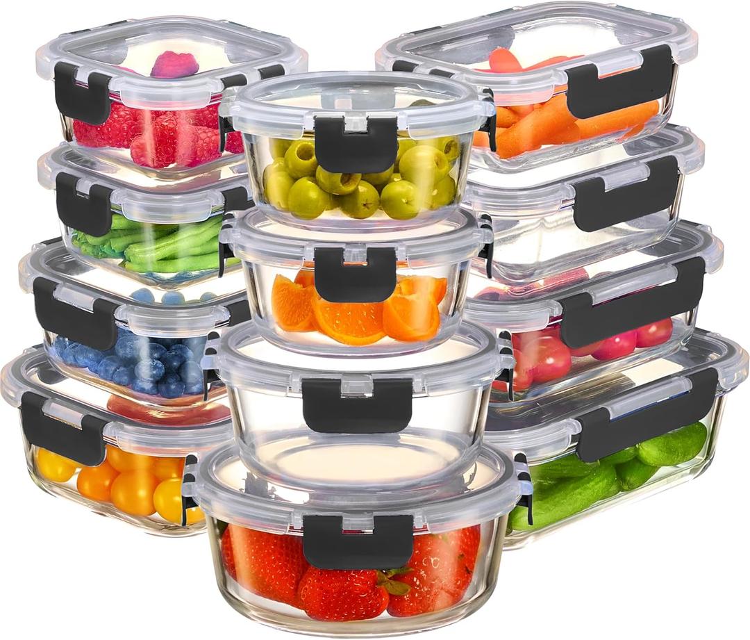 FineDine 24 Piece Glass Storage Containers with Lids - Leak Proof, Dishwasher Safe Glass Food Storage Containers for Meal Prep or Leftovers, Red