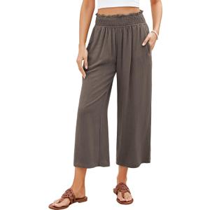 GRAPENT Capri Pants for Women High Waisted Wide Leg Linen Palazzo Trousers Pull On Elastic Smock Waist Loose Flowy Pants (Large, Coffee Brown)