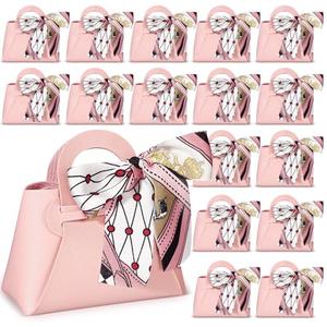 Abbylike 18 Pcs PU Leather Purse Gift Bags with Handles Ribbon Wedding Purse Party Favor Candy Boxes Treat Goodie Bag for Birthday Bridal Baby Showers Party (Pink)