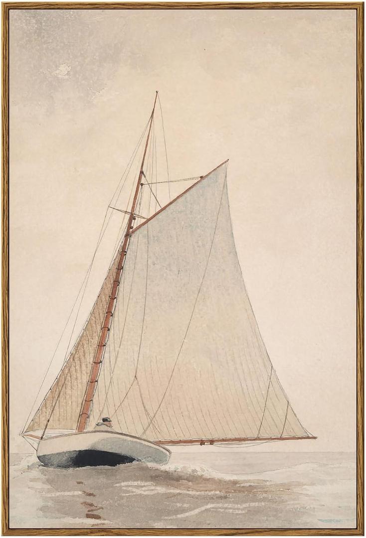 InSimSea Framed Wall Art - Large Canvas White Sailboat Seascape Vintage Painting on Canvas - Coastal Wall Art Prints for Living Room, Bedroom, Office & Home Decor - 16x24in