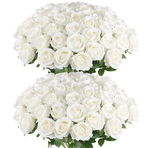 Hananona Artificial Roses in Bulk, Fake Velvet Silk Roses Realistic Rose for Wedding Centerpieces Flower Arrangement Home Decor (50, White)
