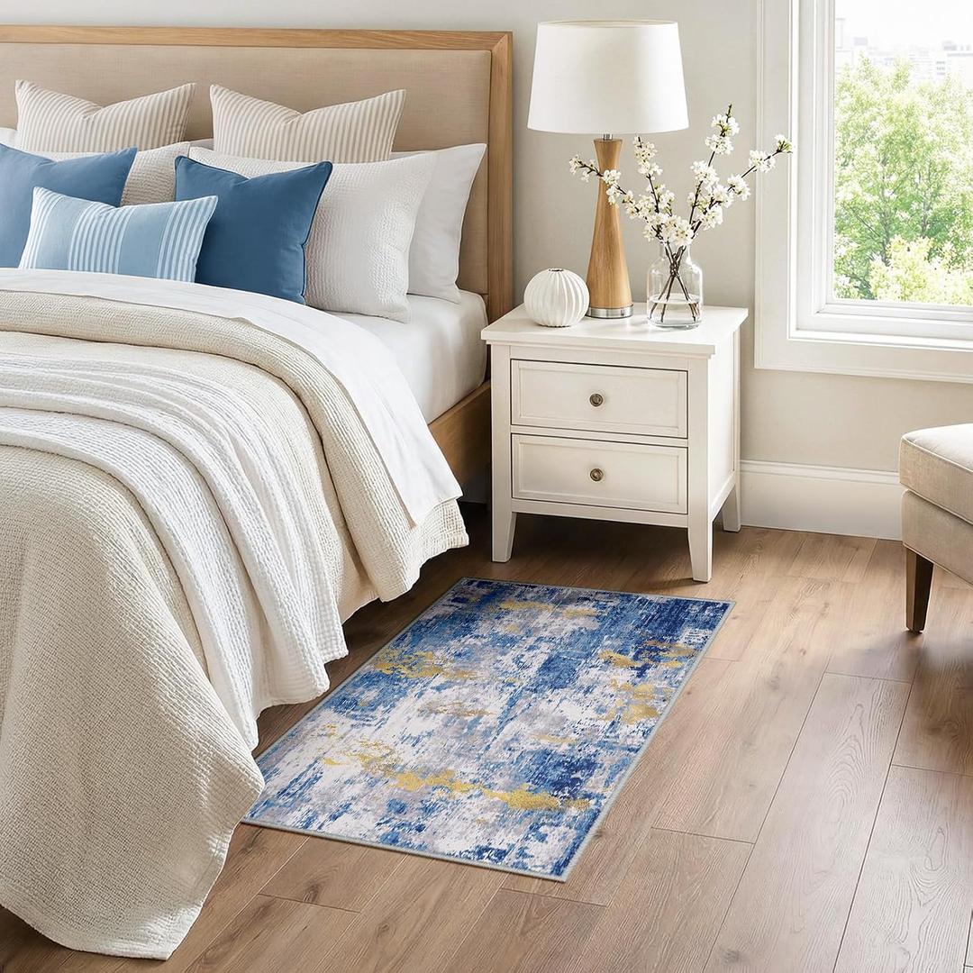 RELEANY Washable Area Rugs 3x4 Non-Slip Modern Abstract Soft for Living Room Entryway Bedroom Nursery, Print Pattern, Grey Blue Gold/Golden