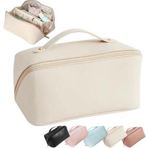 Travel Open Flat Makeup Bag, Large Capacity Travel Cosmetic Bag for Women, Portable Cosmetic Pouch PU Leather Waterproof Open Flat Travel Toiletry Bag Make up Organizer Bag with Divider and Handle