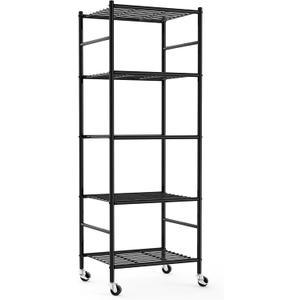 Sakugi Storage Shelves Organizer - 5 Tier Metal Shelf Organizer with Metal Wheels and Adjustable Leveling Feet, Heavy Duty Garage Shelving for Kitchen, Pantry and Closet, 18.1"x12.6"x58.7", Black
