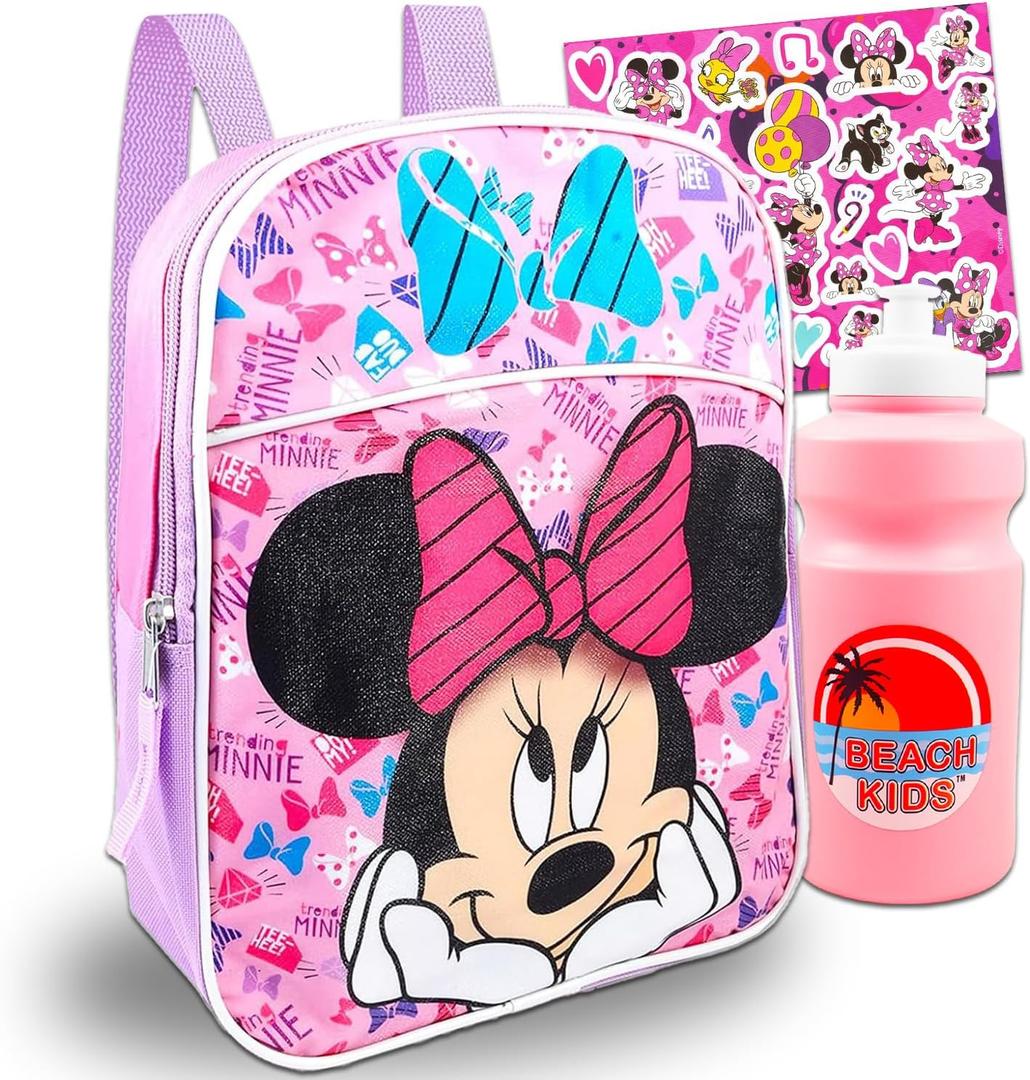 Disney Minnie Mouse Mini Backpack For Girls, Kids ~ 3 Pc Bundle With 12" Minnie School Bag, Water Bottle, Stickers, and More (Minnie Mouse School Supplies Set)