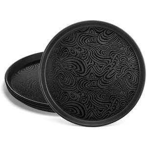 Hacaroa 4 Pack Round Restaurant Serving Tray, 14 Inch Black Plastic Server Tray Non-Slip Food Serving Platter for Drinks, Bar, Cafeteria, Hotel, Coffee Table, Raised Edges
