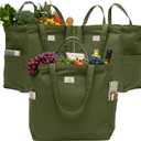 Nook Theory 3-Pack Reusable Grocery Bags - Heavy Duty, Large 12 Oz Cotton Canvas Reusable Shopping Bags With Pockets, 100% Cotton Cloth Grocery Totes, Foldable Multi Compartment (Army Green)