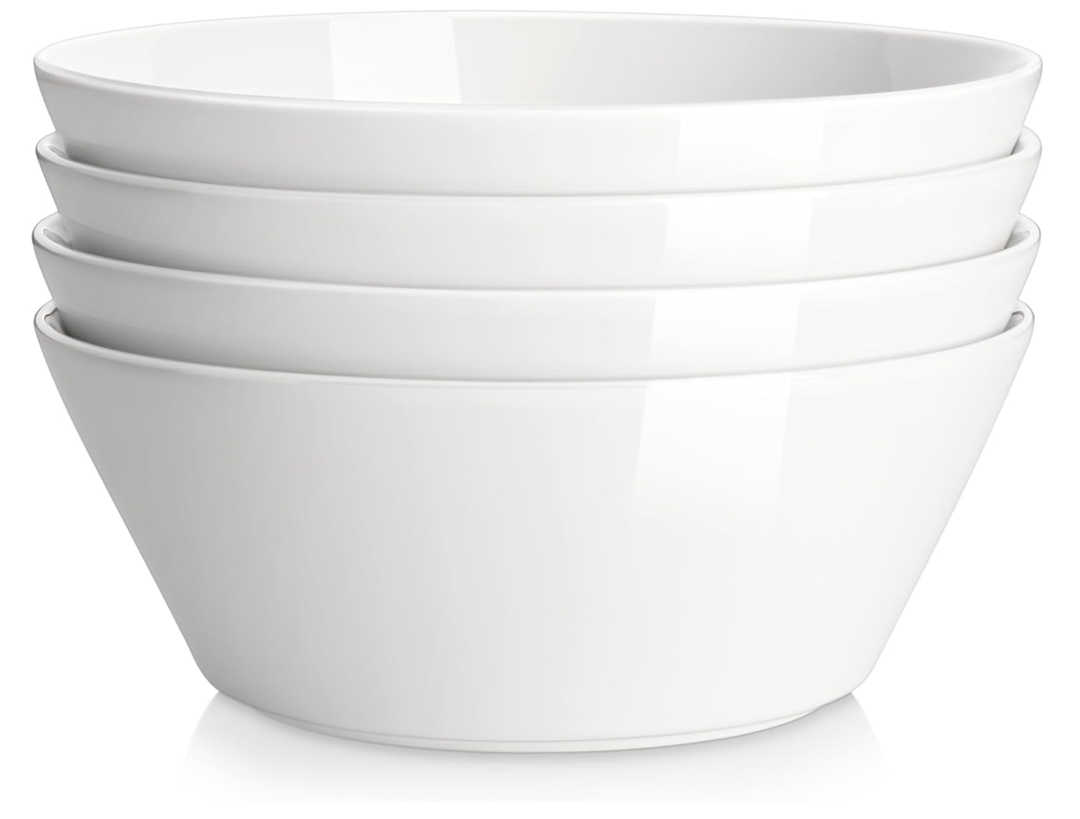 MALACASA Large Salad & Soup Bowls  Set of 4, 60 OZ Porcelain White Bowls for Ramen, Pasta, Pho  Microwave & Dishwasher Safe