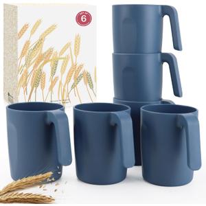 16oz Wheat Straw Cups with handles set of 6-Plastic Cups Reusable-Unbreakable Kids Mugs-Dishwasher Safe & Microwave Safe-Ideal Plastic Mugs for Tea,Coffee,Camping,RV-Navy Blue