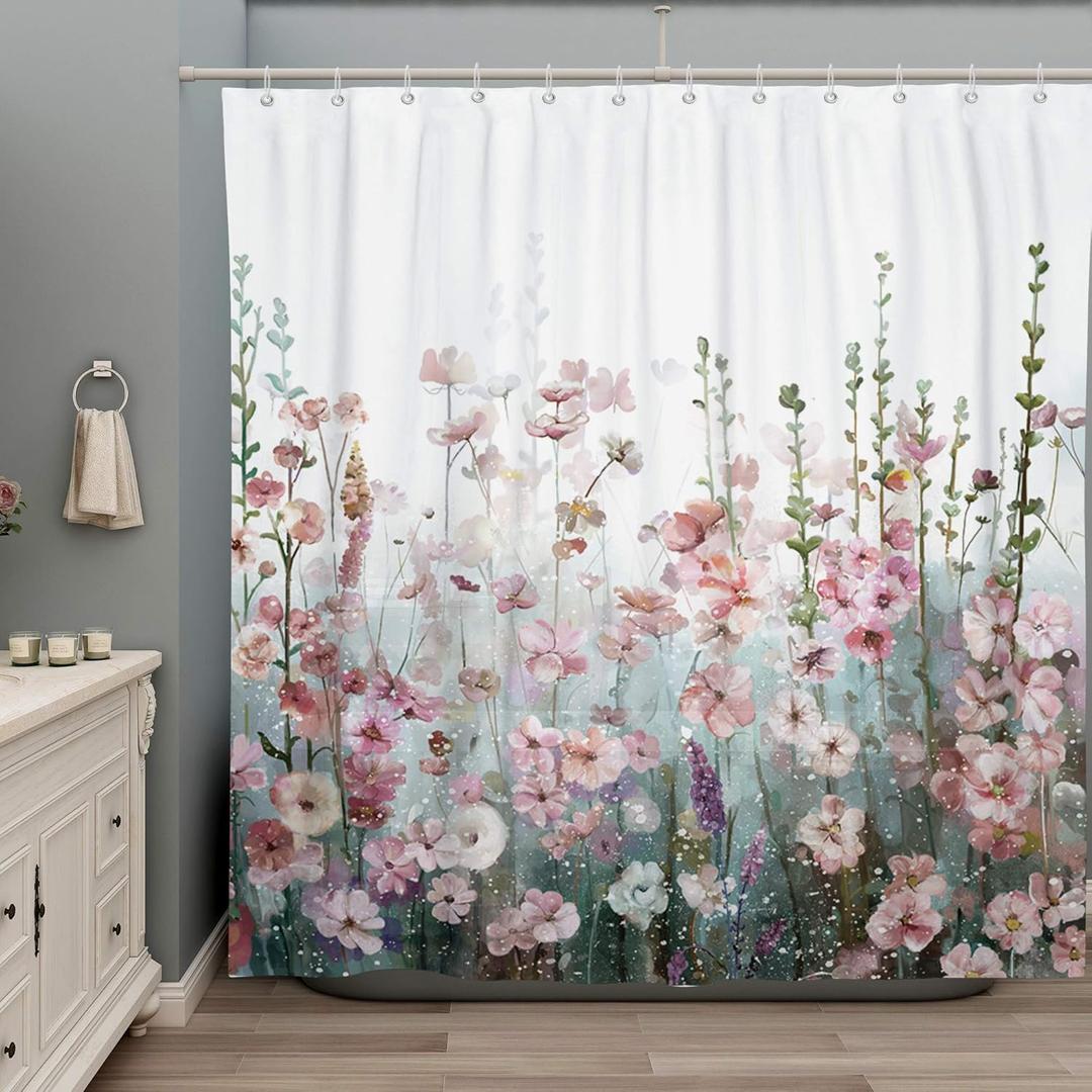 SUMGAR Colorful Flowers Shower Curtain for Bathroom Pink Floral Romantic Wildflower Plants Nature Scenery Decoration Curtain Set with Hooks, 72 x 72 inch