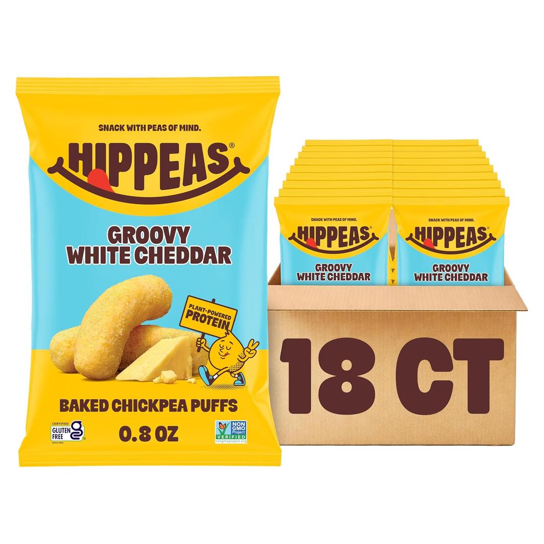 HIPPEAS Chickpea Puffs, Groovy White Cheddar, Gluten Free Snacks, Dairy Free, Vegan, 0.8oz, Pack of 18, 3g Protein, 2g Fiber, Crunchy, Nutritious, Baked Plant Protein Snack, Non-GMO, Kosher (EXP 12/03/27)