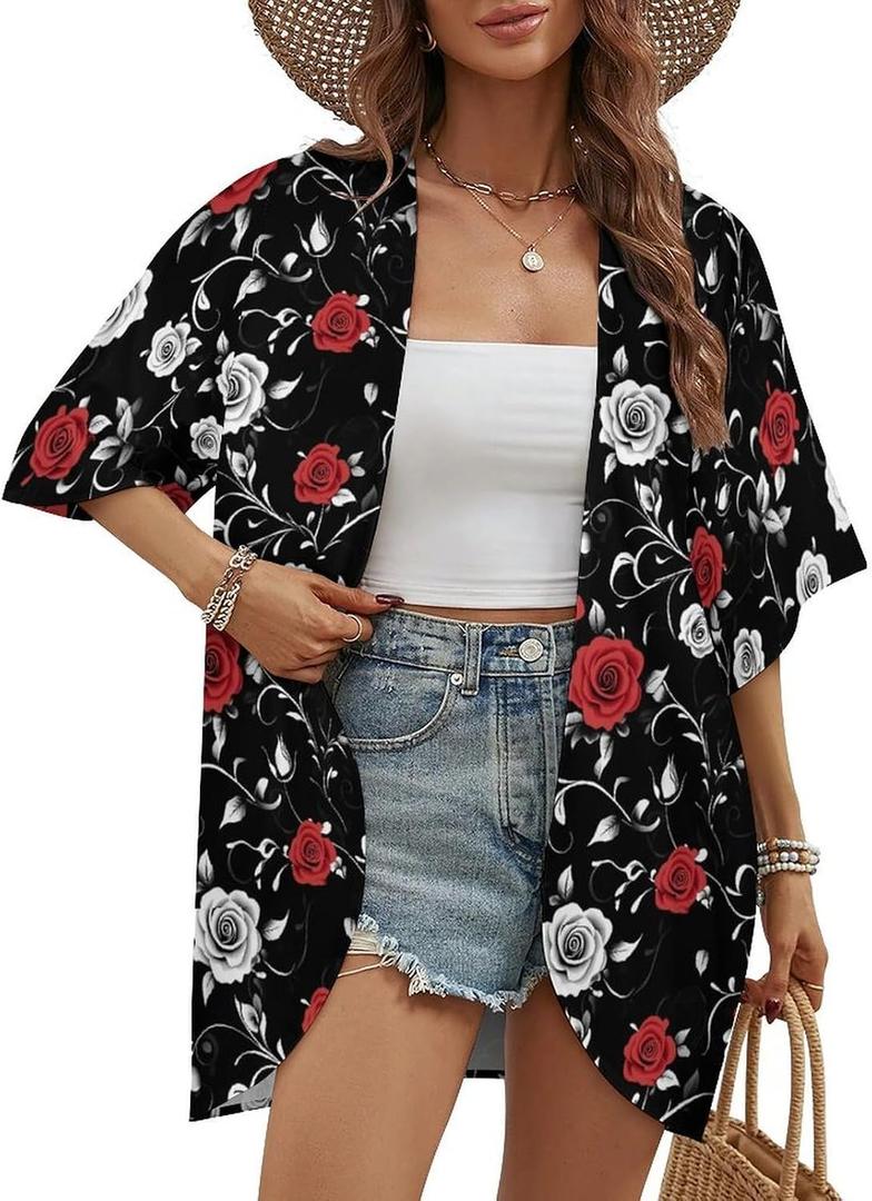 2 x Summer Black Floral Cardigan Kimono for Women Lounge Lightweight Cover Ups for Women Swimwear with Quarter Sleeve (Black, L)