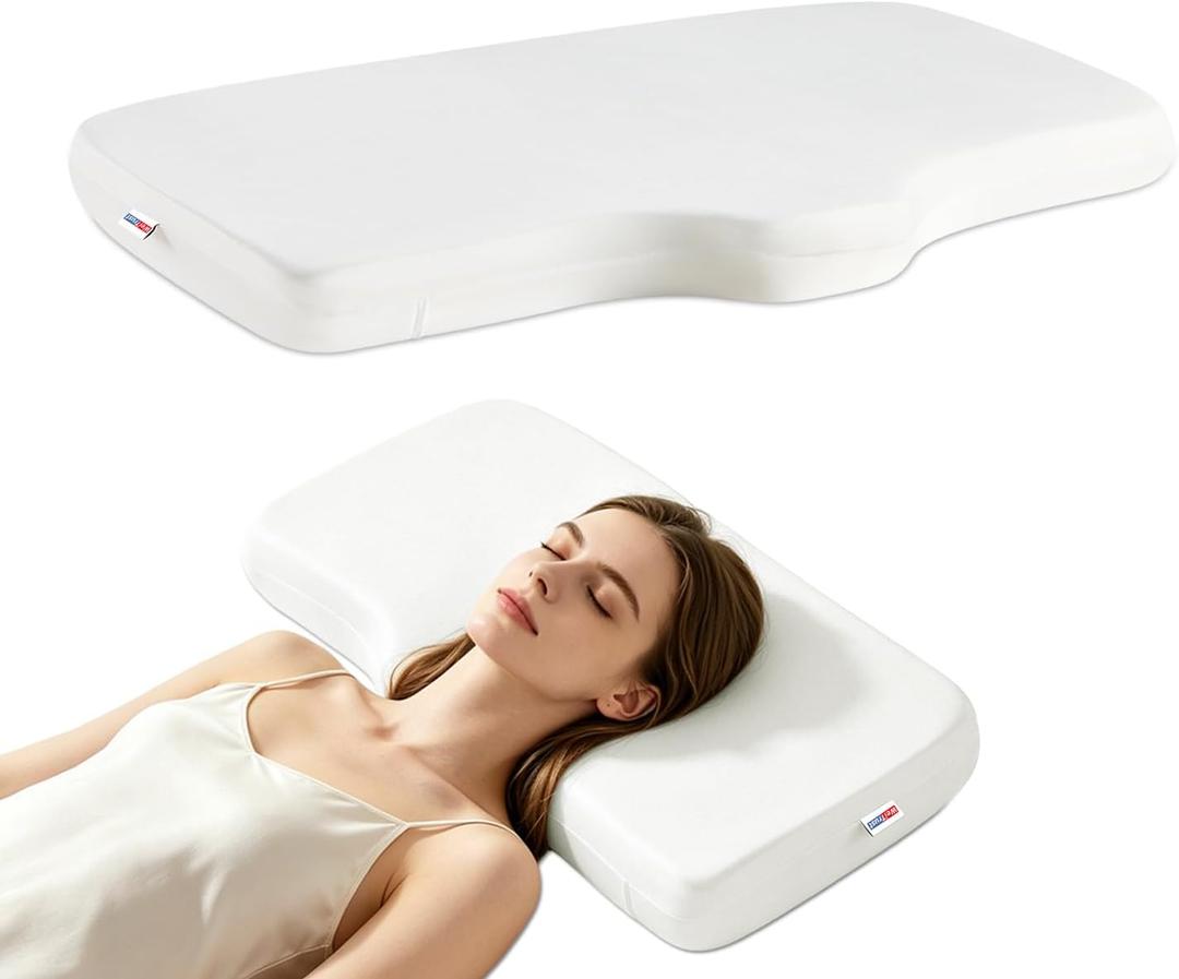 Adjustable Thin Firm Pillow & Pillow Riser Set, 3-Pack Memory Foam Inserts with Silky Cooling Cover, Stackable Height Pads for Custom Loft, Comfortable Neck & Shoulder Pain Relief (Contour), Standard