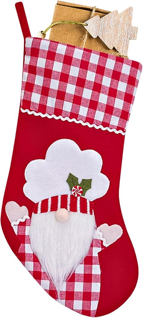 Blinket Christmas Stockings, 12.6 Inches Red Plaid Gnome Stocking with Chef Hat Striped Trim Xmas Hanging Stocking Decorations for Holiday Christmas Party Family Decor