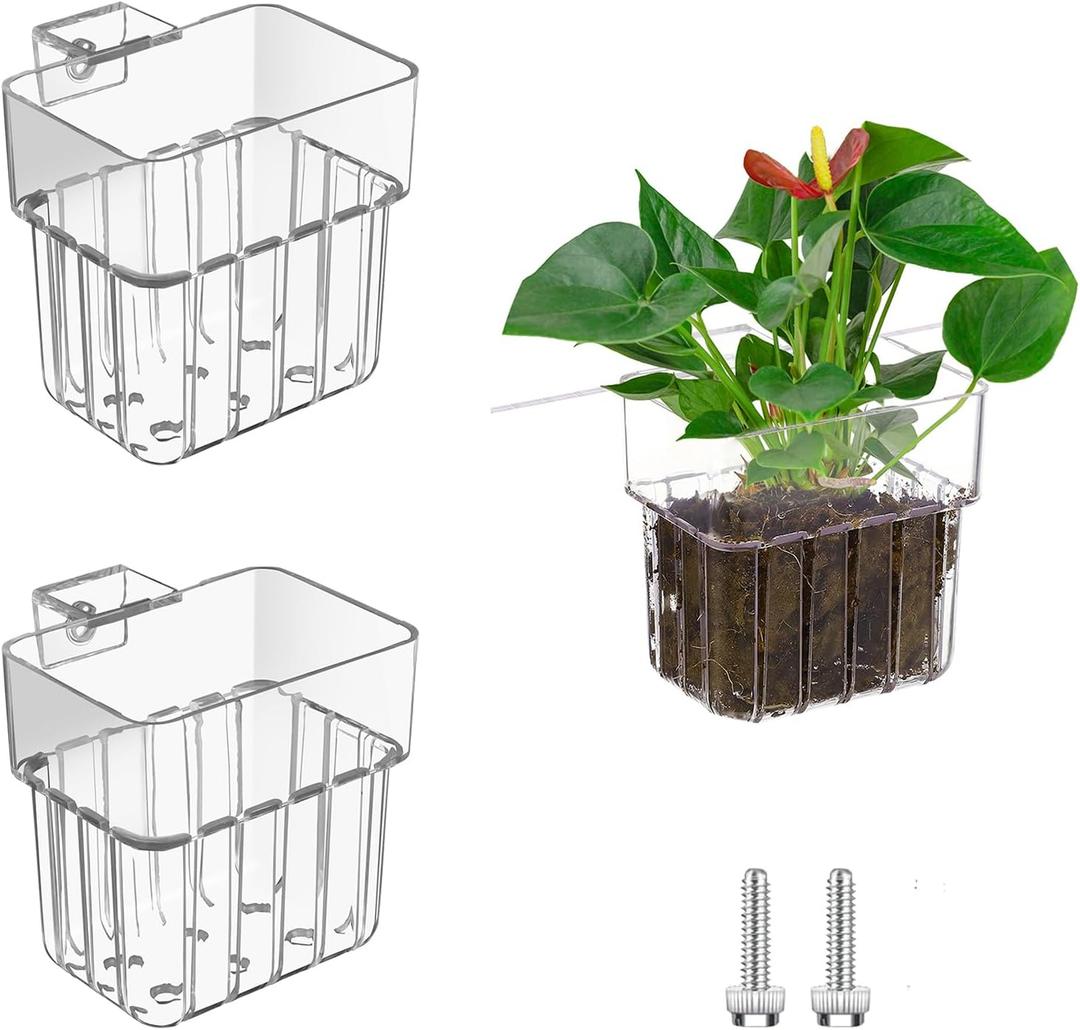 2PCS Aquarium Plant Holder with Hooks Top Clear Acrylic Fish Tank Plant Holder Cup Pots for Fish Tank Aquaponic Plant and Aquascape Decorations (White)