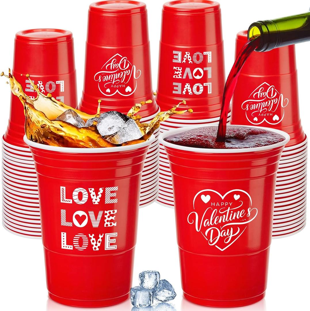 Hushee 48 Pcs 16 oz Valentine's Day Plastic Cups Bulk, Heart Cups Red Love Pattern Disposable Cup, Red Love Design for Coffee, Beverage, Dinner, Wedding, Anniversary Romantic Party Supplies
