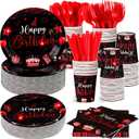Vesici 350 Pcs Happy Birthday Party Supplies Disposable Party Tableware Set Serves 50 Included Plates Napkins Cups Cutlery for Men Woman 50th 80th Birthday Party Decorations (Black Red)