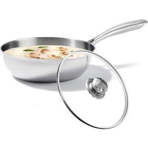 Stainless Steel Saucier Pan with Lid, 1.3 Quart Saucepan with Lid, 8inch Frying Pan, 3-Ply Heavy Bottom Sauce Pan Cookware for All Stovetops,1200Ml/40OZ