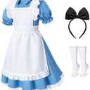 Irtysh Girl Blue Dress White Apron Halloween Cosplay Costume With Bow Hair Band Stockings Set
