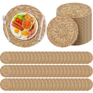 Kochorie Set of 120 Round Woven Placemats 13.8 Inches Bulrush Placemats Natural Hand-Woven Boho Rattan Placemat Wicker Table Mats Farmhouse Weave Place Mats for Home Dining
