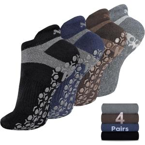 Muezna Men's Non-Slip Yoga Socks, Anti-Skid Pilates, Barre, Bikram Fitness Hospital Slipper Socks with Grips (9-11, Black+coffee+navy+grey - 4 Pairs)