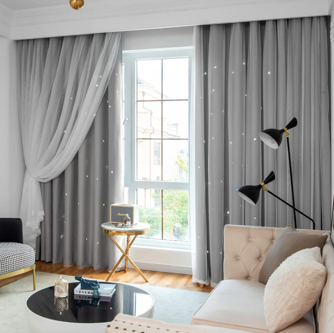 52×52" Blackout Grey Curtains With Star Pattern 2 Panels