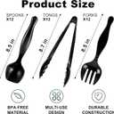 Disposable Plastic Serving Utensils Set, Black Spoons, Forks, Tongs, 9-Inch for Party Buffet Catering Events, Heavy Duty and Ergonomic Design (36, Black)