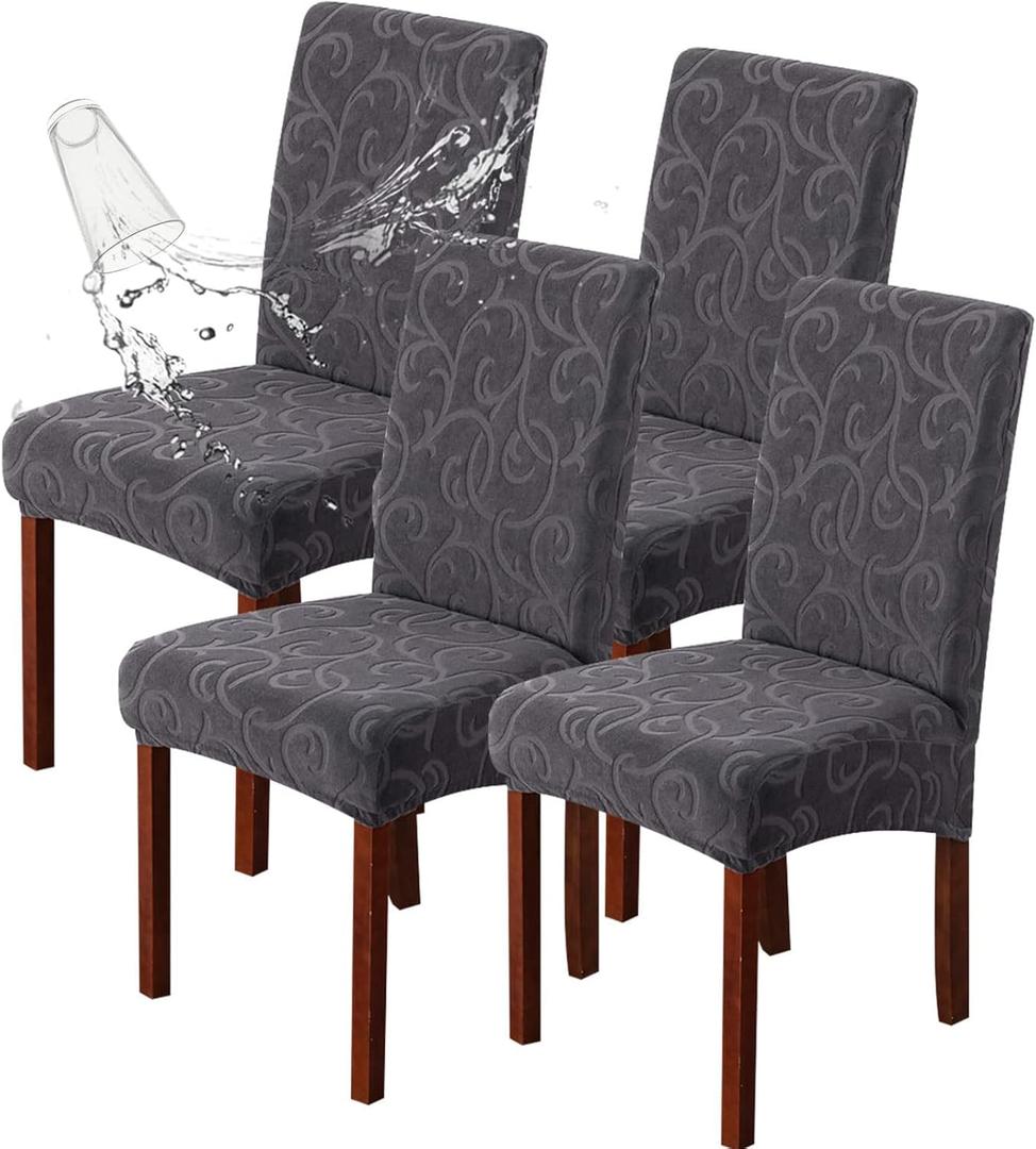 Genina Waterproof Dining Room Chair Covers Stretch Parsons Chair Slipcovers for Dining Room Kitchen Chair Protector Cover, Removable, Washable (4, Flower Pattern-Dark Gray) (Regular-4 Pack)