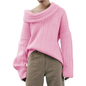 Saodimallsu Womens Off The Shoulder Sweater Top Oversized Fall Batwing Boat Neck Knit Sexy Casual Pullover (Pink)